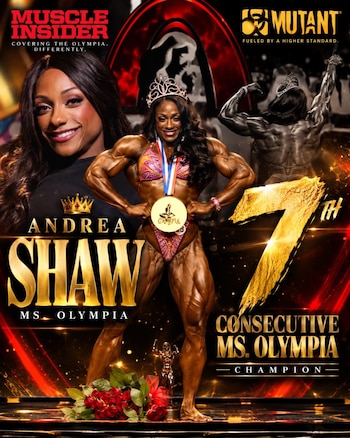 Cartel con fotos de la fisicoculturista Andrea Shaw posando con una corona, medalla y trofeo sobre el escenario