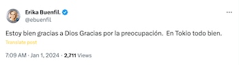 Publicación de Erika Buenfil en X, horas después del terremoto en Japón.