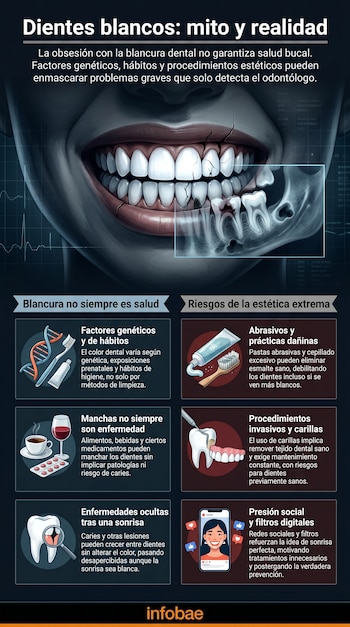 Infografía sobre el mito de los dientes blancos y la salud bucal. Muestra una boca con dientes que parecen sanos pero tienen caries y una radiografía dental con patologías.