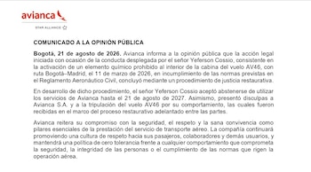 Avianca cerró el caso por el incidente protagonizado por Yeferson Cossio en el vuelo AV46 entre Bogotá y Madrid con un acuerdo de justicia restaurativa - crédito Avianca