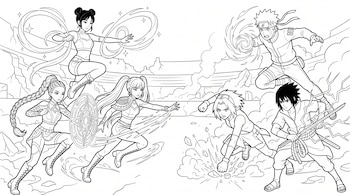 Dibujo lineal en blanco y negro con seis personajes de estilo anime enfrentados en posturas de combate sobre un terreno rocoso