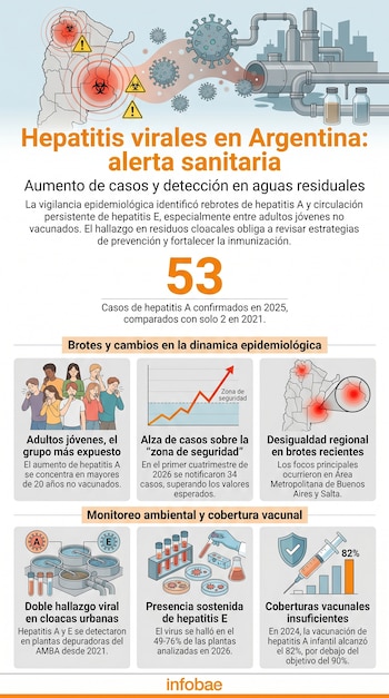 Infografía con mapa de Argentina y símbolos de virus que ilustra la alerta sanitaria por hepatitis, mostrando el aumento de casos en jóvenes, detección en aguas residuales y baja vacunación.