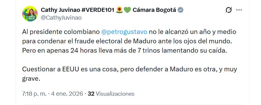 Cathy Juvinao expresó su desconcierto por la rapidez con la que Petro defendió a Maduro - crédito @CathyJuvinao/X