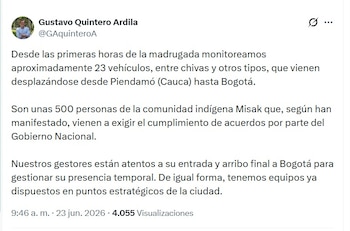 Quintero señaló que cerca de 500 integrantes de la comunidad indígena Misak prevén arribar a Bogotá - crédito GAquinteroA/X