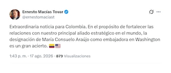 Ernesto Macías felicitó a María Consuelo Araújo por su llegada a la embajada en EE. UU.