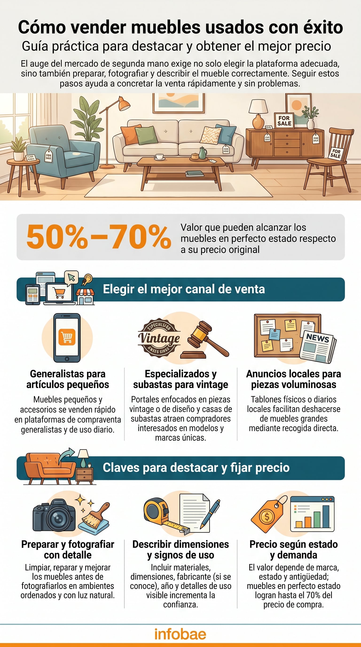 La infografía detalla estrategias clave para vender muebles de segunda mano con éxito, incluyendo la preparación, presentación, elección de plataformas y fijación de precios justos para optimizar las ganancias. (Imagen Ilustrativa Infobae)