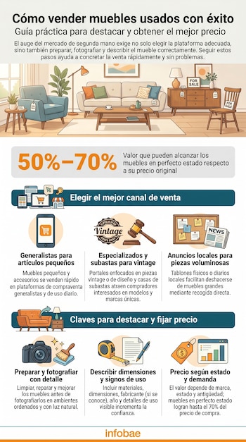 Infografía ilustrada sobre cómo vender muebles usados, mostrando un salón con piezas a la venta y gráficos con consejos de preparación, plataformas y precios.
