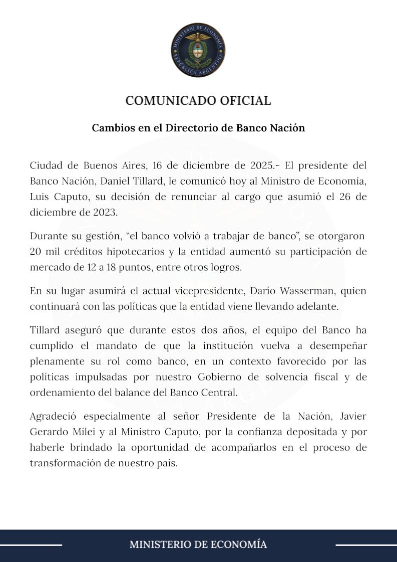 El comunicado que publicó el Ministerio de Economía por la salida de Tillard