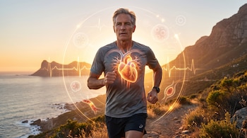 Hombre adulto corriendo por un sendero costero al amanecer. Su pecho muestra un corazón anatómico translúcido iluminado, con gráficos biomédicos sutiles flotando alrededor.