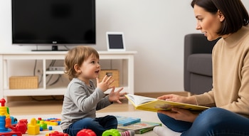 Un niño pequeño sentado en el suelo con juguetes, conversa con un adulto que le lee un libro. Al fondo, televisor y tableta apagados en un mueble.