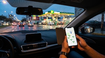 Interior de un automóvil donde una persona sostiene un teléfono con un mapa de precios, frente al parabrisas y una estación de servicio.