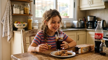 Una niña sentada a una mesa de madera come galletas con chispas de chocolate y bebe refresco con una pajilla metálica junto a una botella.