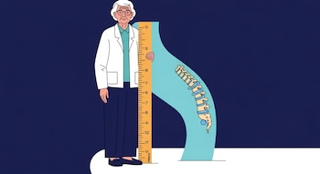 Ilustración de una persona mayor junto a una regla de medición, con una columna vertebral de discos intervertebrales menos definidos y curvatura leve.