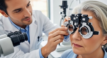 Un hombre con bata blanca examina los ojos de una mujer con cabello gris utilizando un foróptero; un microscopio óptico se observa en primer plano.