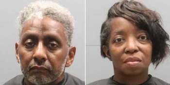 Fotografía dividida de dos retratos policiales; a la izquierda un hombre con pelo y barba grises, y a la derecha una mujer con pelo oscuro