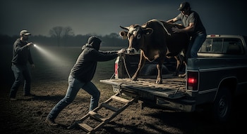 Tres hombres cargan una vaca en la caja de una camioneta pickup. Uno de los hombres alumbra con una linterna. Hay una rampa de madera.