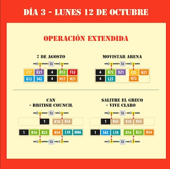 Infografía sobre la operación extendida de rutas de transporte en cuatro estaciones para el sábado 10 de octubre