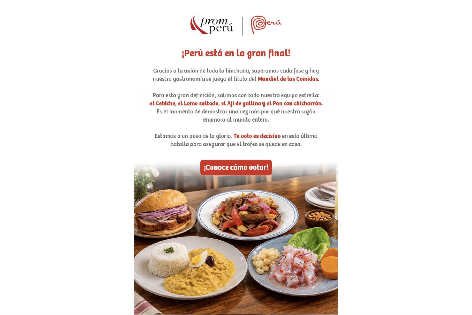 Un comunicado de PromPerú convoca al público a votar por los platos típicos peruanos en la etapa final del certamen digital Mundial de las Comidas. (Agencia Andina)