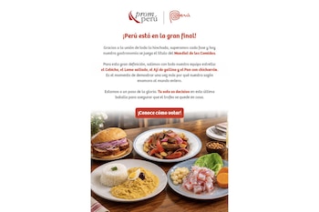 Gráfico con el logotipo de PromPerú, un mensaje de apoyo y cuatro platos de comida peruana sobre una mesa de madera