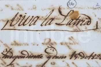 Manuscrito antiguo con "Viva la Patria" subrayado. Texto abajo: "Independiente y Enero 19. de 182...". Número 16 circulado en la esquina superior derecha