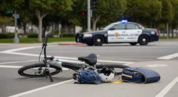 Bicicleta eléctrica blanca en el asfalto, un casco azul, un casco blanco dañado, una mochila azul marino y un patrullero de Caminos de California al fondo.