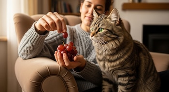 Una mujer sentada en un sillón beige, con un suéter gris, sostiene uvas rojas y le ofrece una a un gato atigrado con ojos verdes, quien la mira.