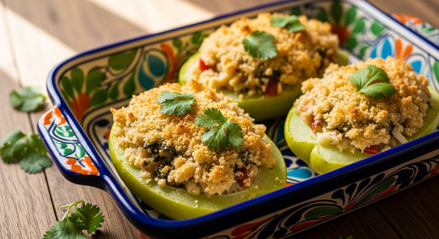 Deliciosas mitades de chayote rellenas y gratinadas, adornadas con cilantro fresco, presentadas en una vibrante fuente de cerámica artesanal sobre una mesa de madera. (Imagen Ilustrativa Infobae)