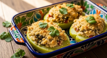 Primer plano de tres mitades de chayote rellenas, gratinadas con una capa dorada, y adornadas con cilantro fresco en una fuente de cerámica colorida.