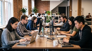 Hombres y mujeres sentados a ambos lados de una mesa de madera escriben en computadoras portátiles y miran monitores en una oficina.