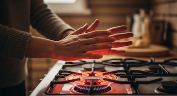 Primer plano de manos femeninas sobre un quemador de estufa de gas encendido con llama azul y resistencia incandescente en la cocina de una casa.