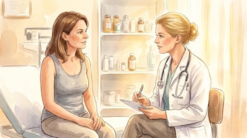 Ilustración de una mujer sentada frente a una doctora que escribe. La mujer tiene cabello castaño, y la doctora, cabello rubio, viste bata blanca y estetoscopio.