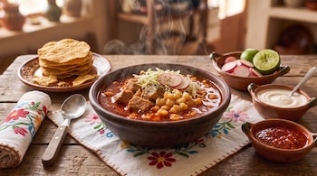 Tazón de barro con pozole rojo, carne, maíz y rábano, servido junto a tostadas, salsa, crema, limones y rábanos sobre un mantel bordado.