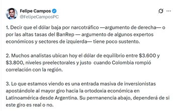 Felipe Campos, economista, dijo que decir que el dólar baja por narcotráfico, tiene poco sustento - crédito @FelipeCamposPC/X