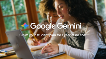 Dos personas estudian con una computadora portátil junto a una ventana, bajo el logotipo de Google Gemini y una leyenda promocional