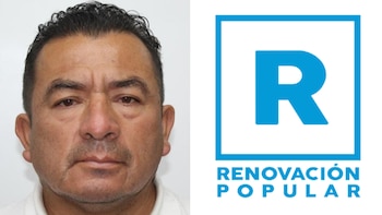 Fotografía de un hombre de cabello oscuro junto al logotipo azul del partido político Renovación Popular sobre un fondo blanco