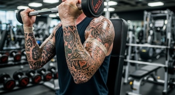 Primer plano de un hombre con los brazos muy tatuados, algunos cubiertos con film, levantando una mancuerna en un gimnasio.
