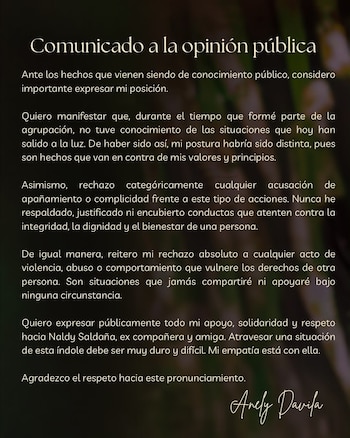 Anely Dávila y su comunicado ante la denuncia por acoso puesto por Naldy Saldaña contra director musical. IG