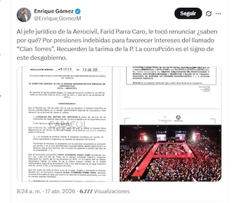 El senador electo Enrique Gómez recordó irregularidades alrededor de un evento de campaña de Gustavo Petro, al referirse a anomalías en la Aerocivil - crédito @Enrique_GomezM/X
