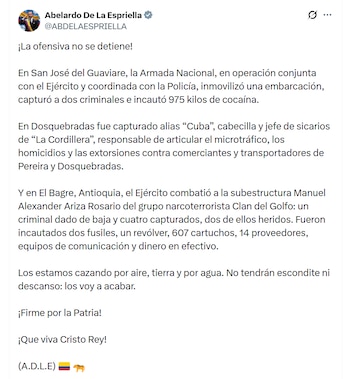 El presidente destacó la labor de la Policía para la detención de alias Cuba - crédito @ABDELAESPRIELLA/X