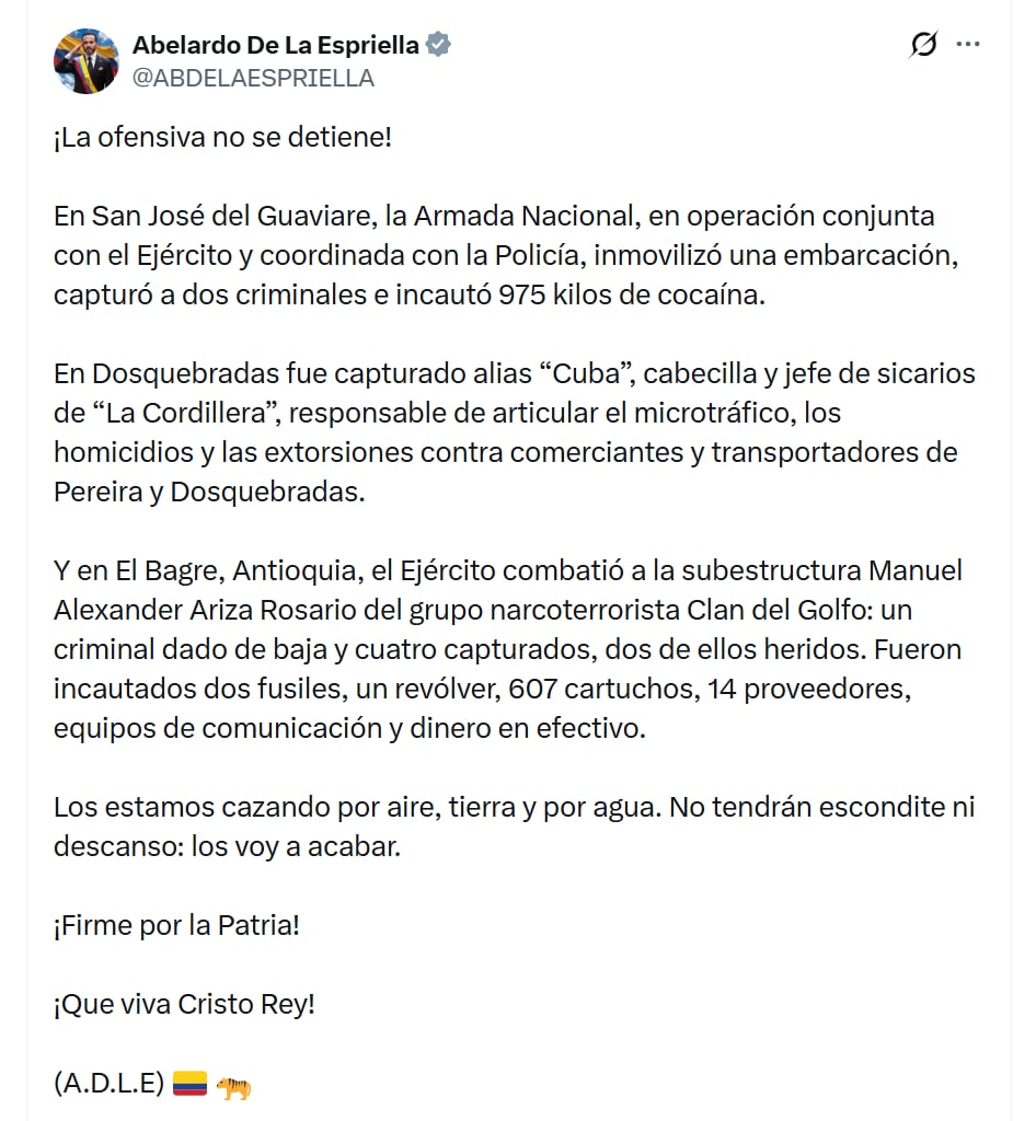 El presidente destacó la labor de la Policía para la detención de alias Cuba - crédito @ABDELAESPRIELLA/X