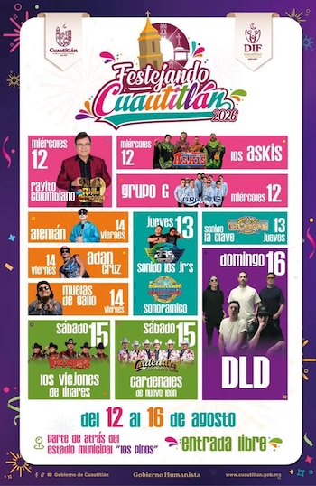Flyer con cartelera de artistas musicales, fechas y logos del municipio de Cuautitlán y DIF. Texto: Festejando Cuautitlán 2026, 12 al 16 de agosto, entrada libre