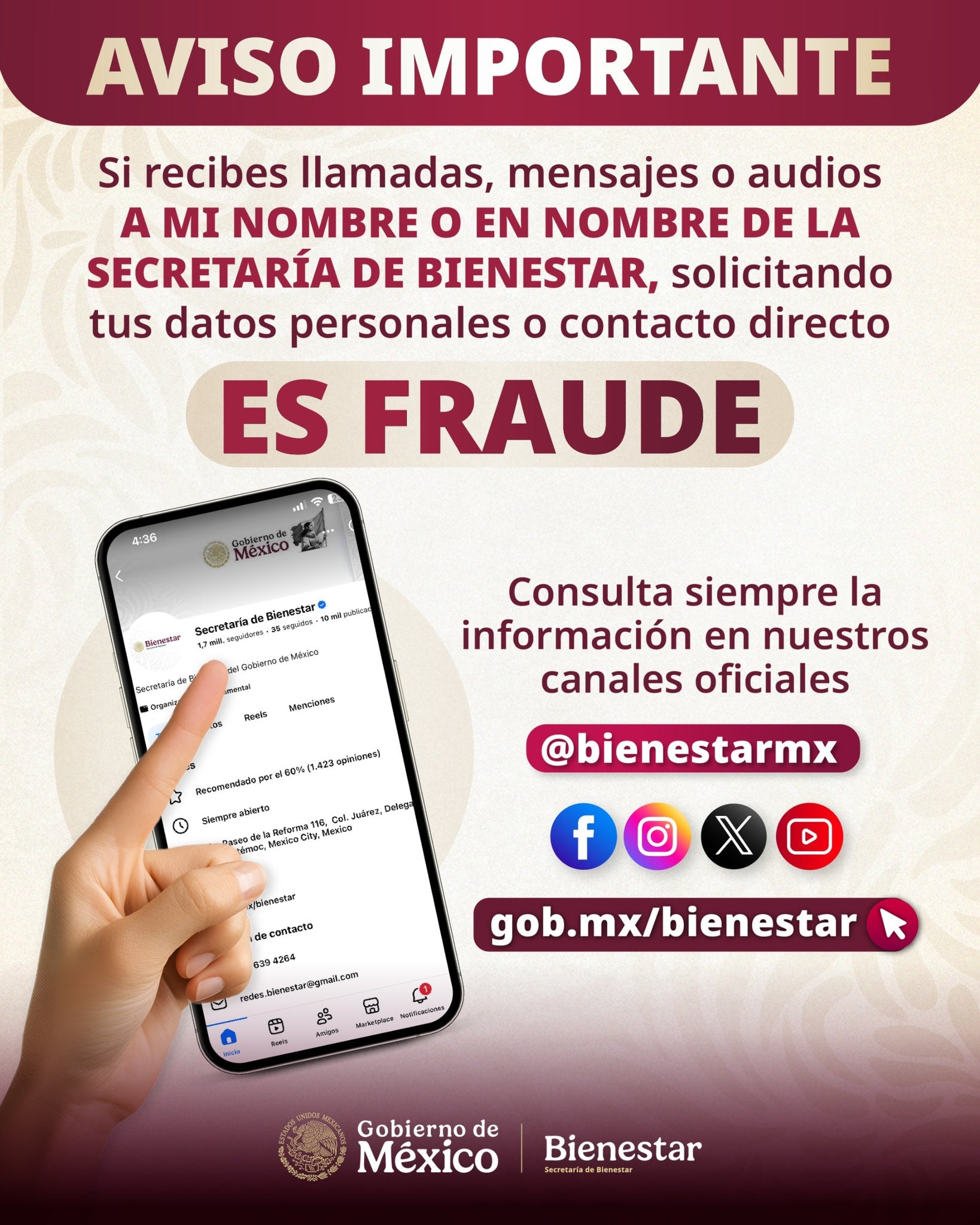 La Secretaría de Bienestar alertó a los beneficiarios de los Programas del Bienestar sobre llamadas telefónicas que utilizan números supuestamente vinculados a la dependencia (X@A_MontielR)