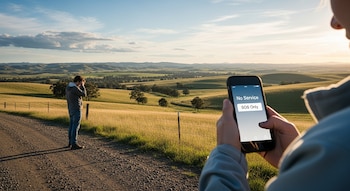 Una persona de espaldas sostiene un smartphone con 'No Service' en una carretera rural; al fondo, otra persona y colinas verdes bajo un cielo azul al atardecer.