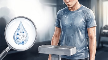 Persona sudorosa con camiseta azul sobre un objeto rectangular gris; una lupa muestra una gota con moléculas de agua y pequeñas partículas.