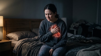 Mujer sentada en el borde de una cama sujetando su pecho con gesto de dolor y un gráfico superpuesto de un corazón rojo.