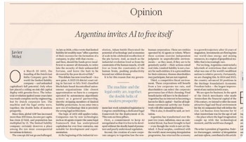 Captura de pantalla de un artículo de opinión en español titulado 'Argentina invita a la IA a liberarse', escrito por Javier Milei.