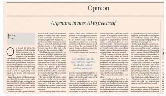 Captura de pantalla de un artículo de opinión en español titulado 'Argentina invita a la IA a liberarse', escrito por Javier Milei. (Financial Times)