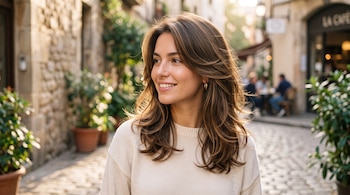 Una mujer de cabello castaño y suéter claro sonríe en una calle empedrada flanqueada por macetas y edificios.