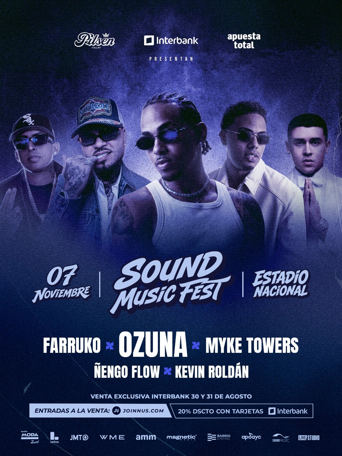 El cartel publicitario del Sound Music Fest anuncia la presentación de Ozuna, Farruko y Myke Towers el 7 de noviembre en el Estadio Nacional de Lima.