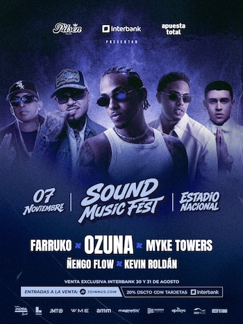 Afiche promocional en tonos azules con los rostros de cinco cantantes urbanos y el texto Sound Music Fest, 07 Noviembre, Estadio Nacional